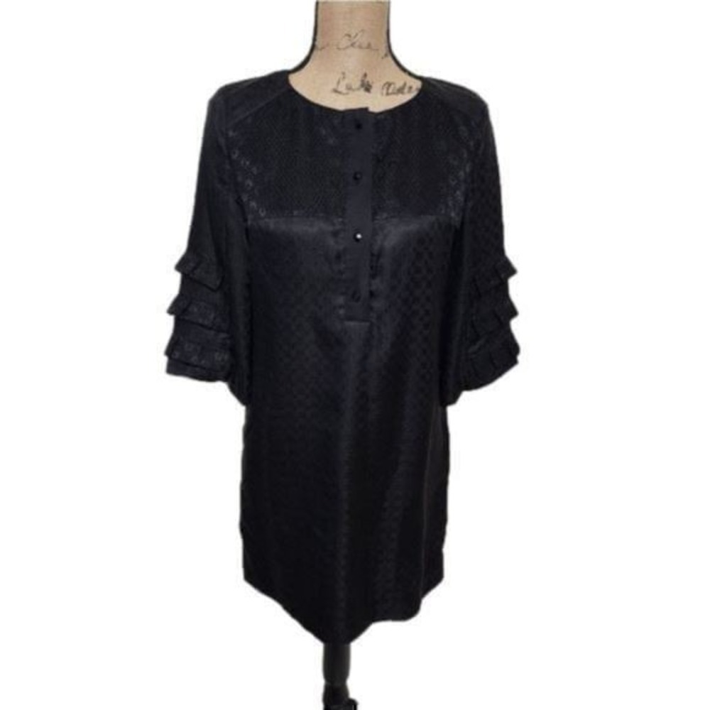 American Retro Black 100% Silk Ruffle Sleeve Open Back Mini Dress Size 38 Small